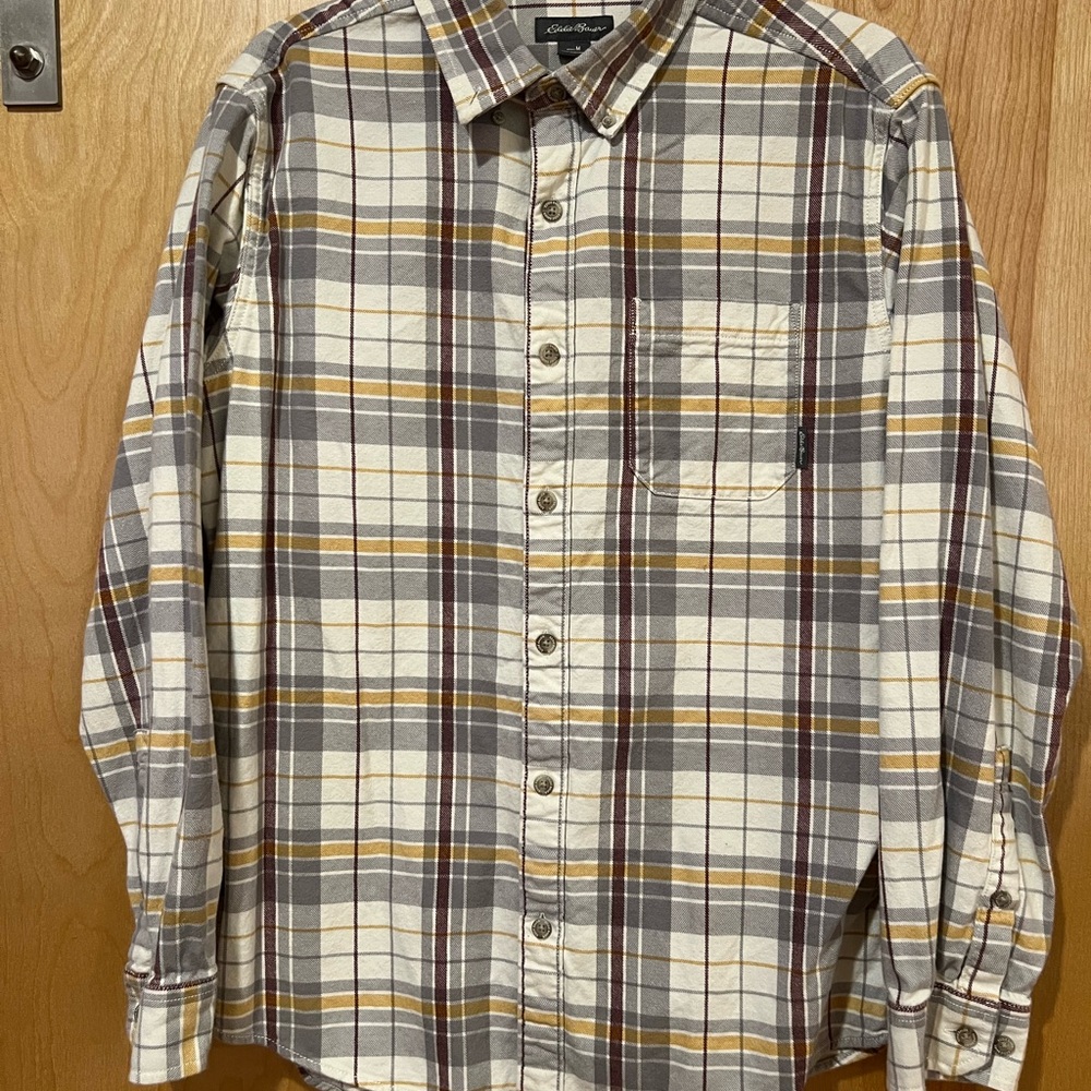 Eddie Bauer Men's Plaid Shirt - Brown, White, and Yellow